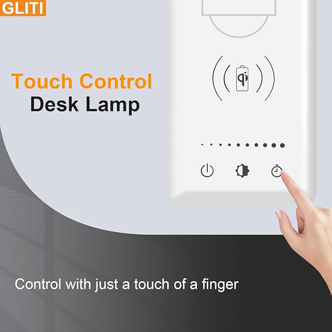 LED Desk Lamp with Wireless charging，Dimmable Desk Light, 5 Light Colors, 6 Brightness Levels, Touch Control Table Lamp with USB Rechargeable,Auto Timer, for College Dorm, Home, Office