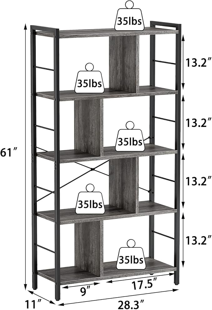armocity Bookshelf, 5 Tier Tall Modern Bookcase Wood Metal Frame Standing Book Shelf, Display Bookshelves Storage Organizer for Bedroom Living Room Home Office, Grey