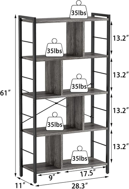 armocity Bookshelf, 5 Tier Tall Modern Bookcase Wood Metal Frame Standing Book Shelf, Display Bookshelves Storage Organizer for Bedroom Living Room Home Office, Grey