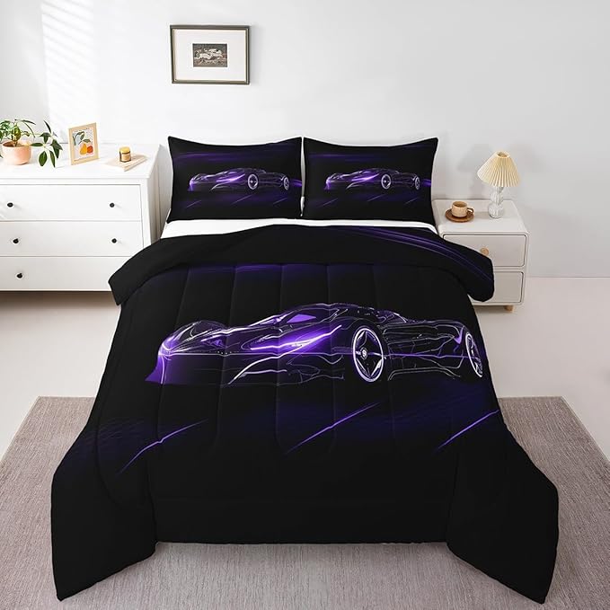 Feelyou Dull Purple Race Car Bedding Set King Size for Kids Boys Extreme Sport Games Comforter Set Teens Toddler Fast and Furious Duvet Set Cool Modern Quilt Set 3Pcs