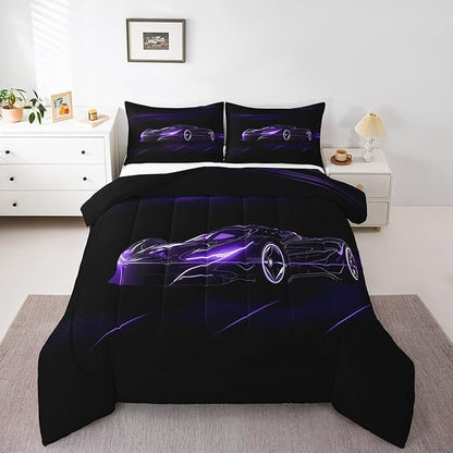 Feelyou Dull Purple Race Car Bedding Set Twin Size for Kids Boys Extreme Sport Games Comforter Set Teens Toddler Fast and Furious Duvet Set Cool Modern Quilt Set 2Pcs