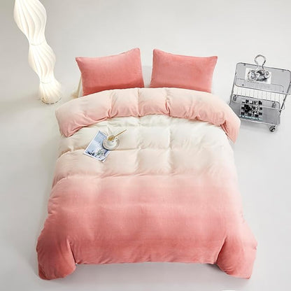Pink White Gradient Comforter Set King Pink Velvet Bedding Comforter Modern Plain White and Pink Gradient Soft Quilt Farmhouse Flannel Comforter Girls Women Warm King Bed Comforter