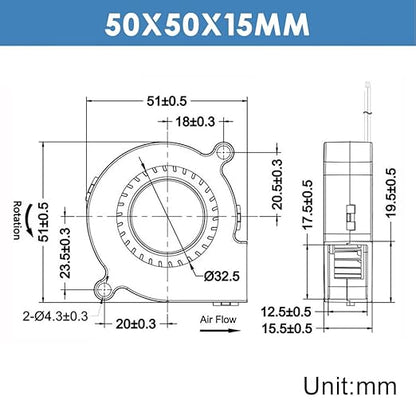 WINSINN 50mm 5015 Tiny Cooling USB Blower Fan 5V, 50mm Micro Mini USB 5 Volt Fans Blower Turbine Turbo Dual Ball Bearing, 1000mm/39in Cable Brushless Cooling 50mmx15mm (Pack of 4Pcs)