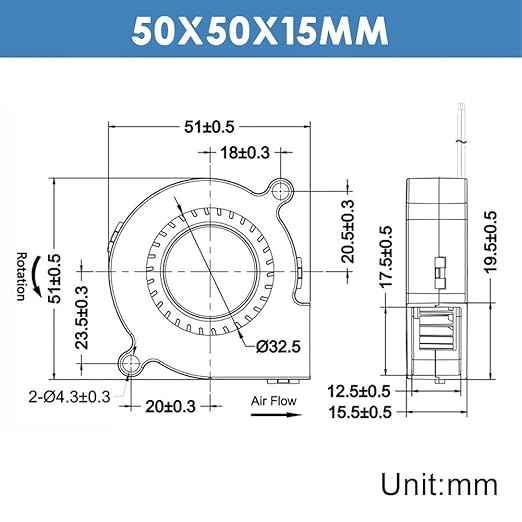 WINSINN 50mm 5015 Blower Fan 5V, 3D Printer 5 volt Fans Blower Turbine Turbo Dual Ball Bearing, Brushless Cooling 50mmx15mm 2PIN (Pack of 4Pcs)