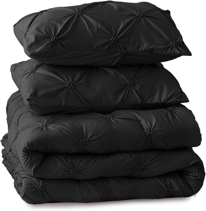 BEDELITE Black Comforter Set Queen - 3 Pieces Boho Pintuck Bedding Comforter Sets, Lightweight Soft & Warm Bed Comforter Queen with 2 Pillowcases for All Season