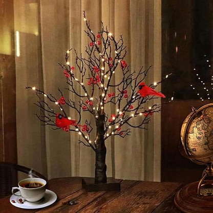 21in Black Birch Tree with 60 Led Lights, Twinkle Tree Lamp with Lighted Branches, Fairy Light Spirit Tree with 2 Red Birds for Room Decor, Easter, Halloween, Thanksgiving, Christmas, New Year, etc.