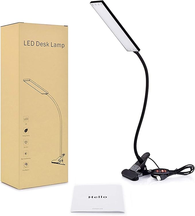 LED Desk Lamp Dimmable Eye-Care Reading Light Office Light Adjustable 3 Color Modes,14 Brightness Levels, Gooseneck Flexible Clip-on Light for Studying, 5W-Black