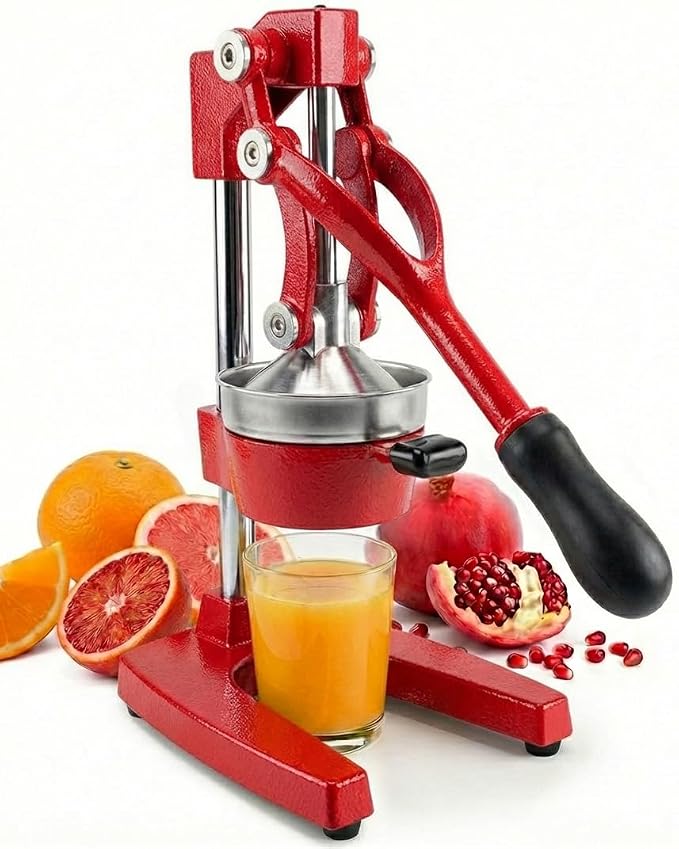 Eurolux Ultra-Premium Cast Iron Juicer | Extra-Large, Heavy Duty, Commercial Grade, Stainless Steel Manual Hand Press Citrus Squeezer For Fresh Orange Juice, Pomegranate, Lemon, and Much More (Red)