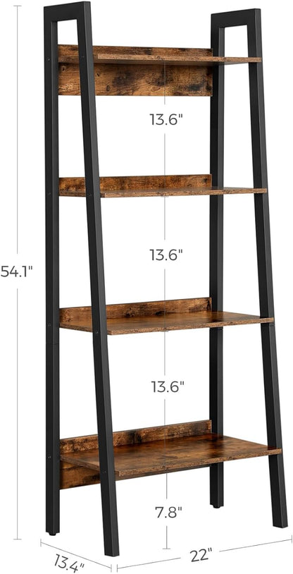 VASAGLE Bookshelf, 4-Tier Bookcase, Ladder Shelf for Home Office, Living Room, Bedroom, Kitchen, Rustic Brown and Ink Black ULLS054X01