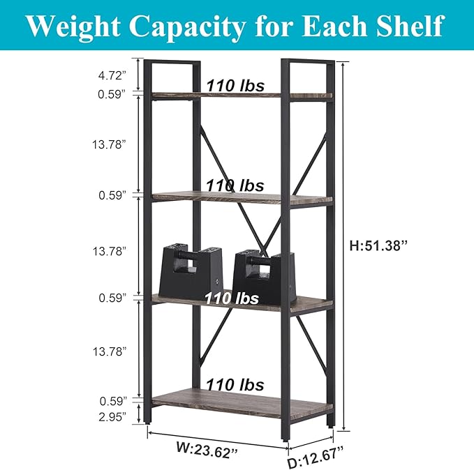 BON AUGURE Industrial 4 Tier Bookshelf, Modern Open Etagere Bookcase, Wood Metal Book Shelves for Living Room, Bedroom and Office (Dark Gray Oak)