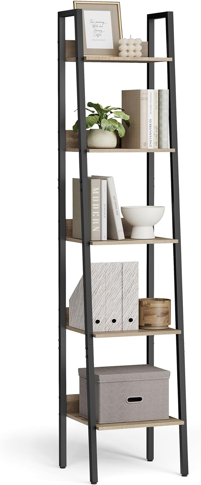 VASAGLE Bookshelf, 5-Tier Narrow Bookcase, Ladder Shelf for Home Office, Living Room, Bedroom, Kitchen, Camel Brown and Black ULLS109B50V2