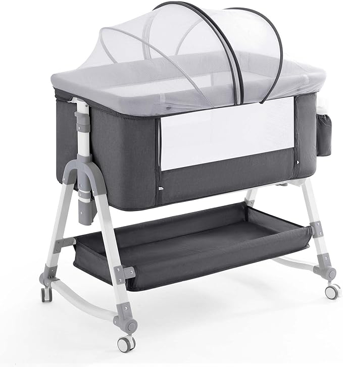 4 in 1 Baby Bassinet,Easy Folding Portable Bedside Crib with Comfy Mattress and Wheels,Height Adjustable Bassinet with Mosquito net Included,Grey