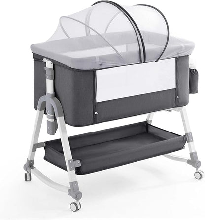 4 in 1 Baby Bassinet,Easy Folding Portable Bedside Crib with Comfy Mattress and Wheels,Height Adjustable Bassinet with Mosquito net Included,Grey