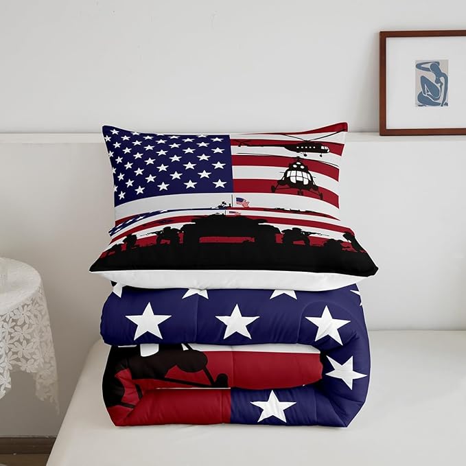 Feelyou American Flag Comforter Set for Girls Kids Boys Men Soldier Rifle Helicopter Tank Bedding Set Red Blue Stars Stripes USA Flag Comforter Room Decor Army Guns Military Down Comforter Queen Size