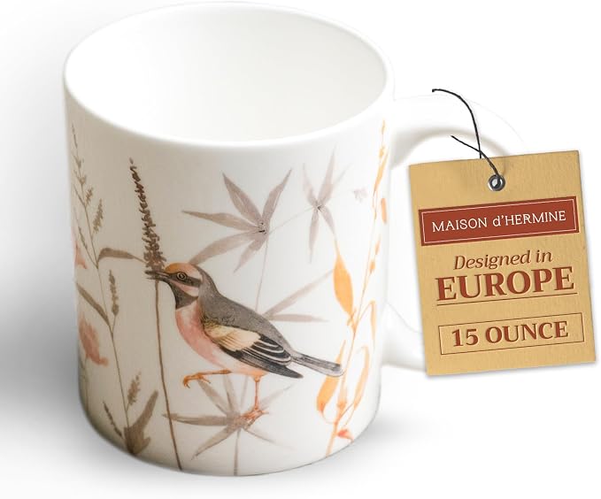 Maison d' Hermine Coffee Mug with Handles Tea Cups (15 Ounce, Pack of 1) | Fine Bone China Coffee Mugs for Hot Beverages Cappuccino Latte Home Spring Summer -Meadow Florals - Beige - Meadow Sunrise