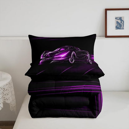 Feelyou Purple Race Car Bedding Set Queen Size for Kids Boys Extreme Sport Games Comforter Set Teens Toddler Fast and Furious Duvet Set Cool Modern Quilt Set 3Pcs