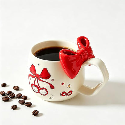 DTIUYIOP-Kawaii Red Bow Cherry Cat Ceramic Coffee Mug with 3D Red Bow and Bow Spoon, Large Curved Handle Cute Kitty Tea Cup, Coquette Aesthetic Gift for Women Girls Birthday Valentine’s Day Christmas