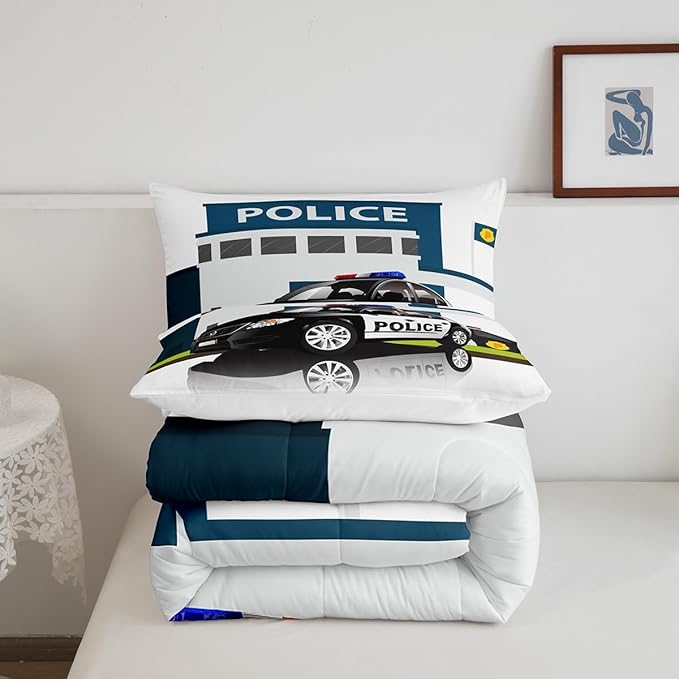 Children Police Car Comforter Set, 3D Car Pattern Down Comforter Full Size for Kids Boys Girls Teens Bedroom, Cartoon Automobile Quilted Duvet, Decorative 3 Piece Bedding Set with 2 Pillow Cases