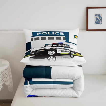 Children Police Car Comforter Set, 3D Car Pattern Down Comforter Twin Size for Kids Boys Girls Teens Bedroom, Cartoon Automobile Quilted Duvet, Decorative 2 Piece Bedding Set with Pillow Case