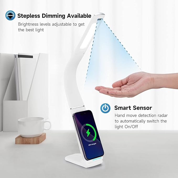 LED Desk Lamp with USB Charging Port, 10W wireless charger, Stepless dimmable, Natural Lights, Desk Lights for Home Office, Office Desk Lamp Eye Caring Reading Light, Gesture Control Table Lamp
