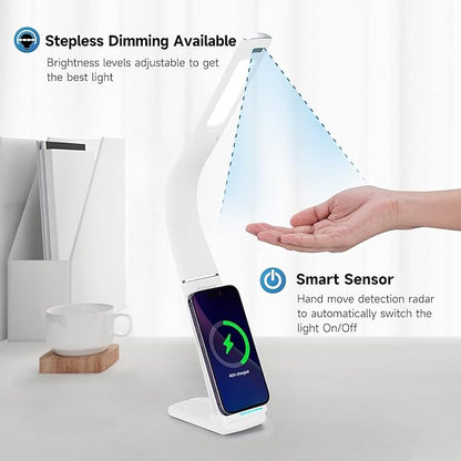 LED Desk Lamp with USB Charging Port, 10W wireless charger, Stepless dimmable, Natural Lights, Desk Lights for Home Office, Office Desk Lamp Eye Caring Reading Light, Gesture Control Table Lamp