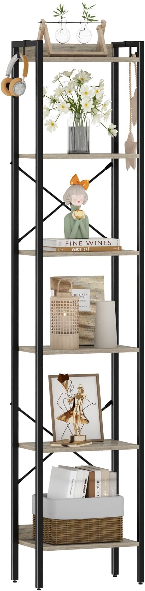 Bookshelf, Book Shelf, Industrial Bookcase with 2 Hooks, Coner Shelf Storage Organizer for Home Office, Living Room, Bedroom, Kitchen, 6-Tier Greige BC10705B