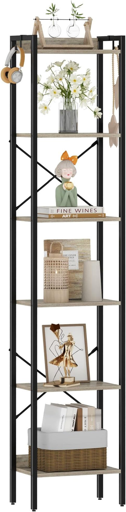 Bookshelf, Book Shelf, Industrial Bookcase with 2 Hooks, Coner Shelf Storage Organizer for Home Office, Living Room, Bedroom, Kitchen, 6-Tier Greige BC10705B