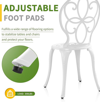 Patio Bistro Sets, Cast Aluminum Bistro Table and Chairs Set of 2 with Umbrella Hole, Bistro Set 3 Piece Outdoor, Metal Patio Furniture Set for Garden Porch, White