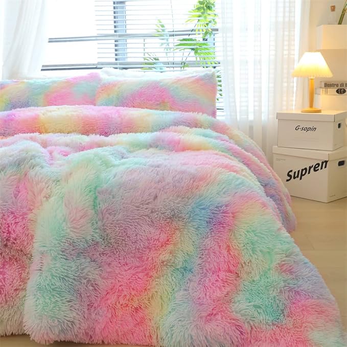 Faux Fur Kids Girls Rainbow Comforter Sets Queen - 3PC Bed Set Warm Comfortable Soft Plush Flannel Velvet Fluffy Fuzzy Bedding（Comforter x 1 Pillowcases x 2）