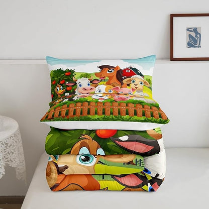 Kids Cartoon Comforter Set Cute Farm Animals Comforter Cattle Sheep Pigs Dogs Horses Bedding Set for Boys Girls Farmhouse Duvet Set Soft Room Decor King Size Colorful Quilt Boys