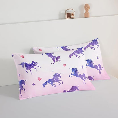 HOSIMA Kawaii Unicorn Comforter,Purple Unicorn with Stars and Love Heart Princess Toddler Bedding Set-Soft Microfiber King Size Comforter Set,Fairycore Room Decor Pink Comforter with 2 Pillowcases.