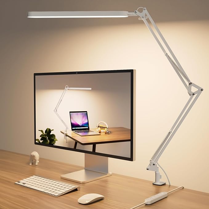 SKYLEO Desk Lamp - 31.5" Desk Light - 5 Color Modes X 11 Brightness Levels - Adjustable Swing Arm - Timmer & Memory Function - 12W Study Lamp - White