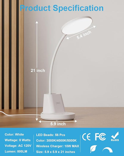 hansang LED Desk Lamp with Wireless Charger for Home Office, Stepless Dimmable, 3 Color Modes, Touch Control White Study Lamp for College Dorm Room, Pen Holder, CRI 90, 800 Lumen, Adapter Included