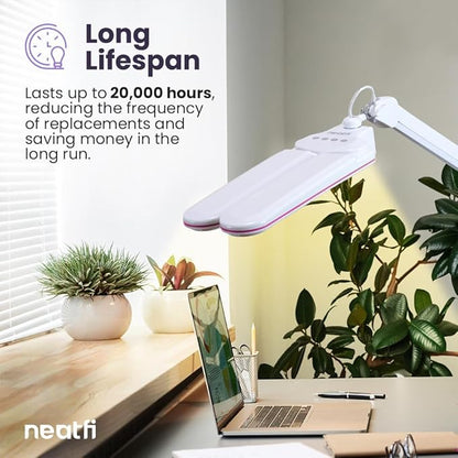 Neatfi Elite HD XL Task Lamp, 3 Light Modes, 90PCS SMD LED, Super Bright Desk Lamp, Eye-Caring LED Lamp, Non-Polar Dimming, Adjustable Brightness Levels (CCT with Clamp, Pink Ring, 17 Inches)