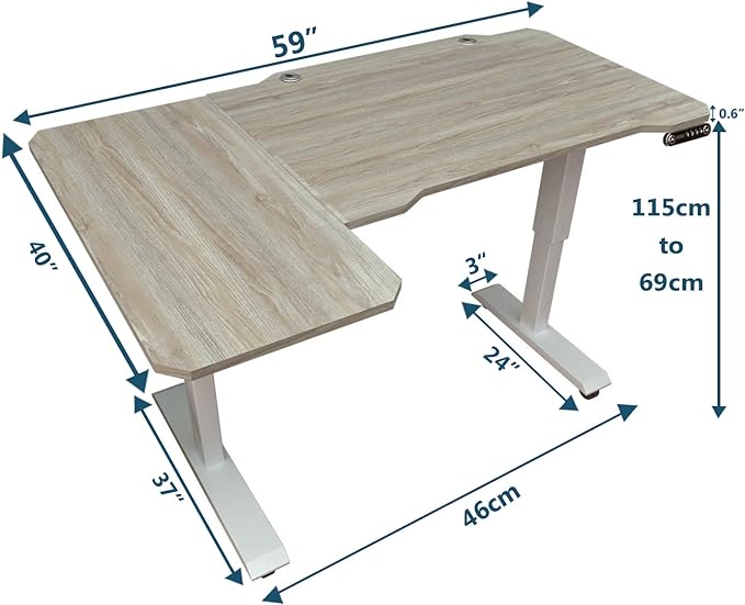 Adjustable Height L-Shaped 59 Inch Electric Standing Desk - Sit Stand Computer Desk, Stand Up Desk Table for Home Office, White Frame and Oak Top