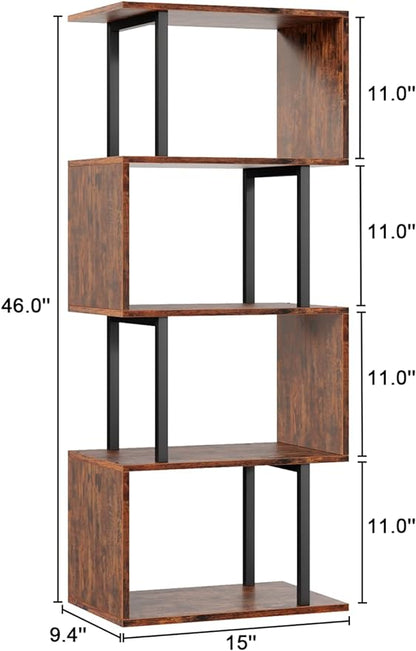 Furologee 5-Tier Bookshelf, S-Shaped Geometric Bookcase, Narrow Freestanding Display Shelves, Modern Wood Decorative Storage Shelving Rack for Bedroom, Living Room, Home Office, Rustic Brown