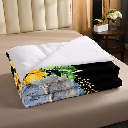 Elephant Comforter Set, Yellow Sunflower Down Comforter King Size for Kids Girls Teens Adult Bedroom Decor, African Safari Animal Duvet Sets Floral Petal Country Bedding Set with 2 Pillow Cases