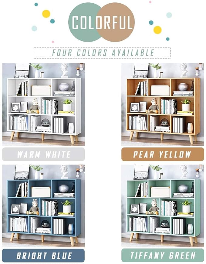 IOTXY Wooden Open Shelf Bookcase - 3-Tier Floor Standing Display Cabinet Rack with Legs, 8 Cubes Bookshelf, Tiffany-Green