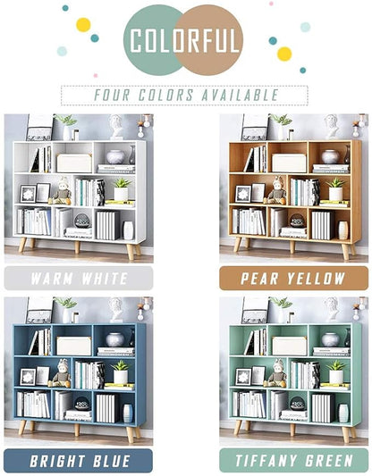 IOTXY Wooden Open Shelf Bookcase - 3-Tier Floor Standing Display Cabinet Rack with Legs, 8 Cubes Bookshelf, Tiffany-Green