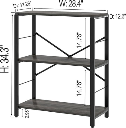 FOLUBAN Industrial Small Bookshelf, 3 Tier Low Short Book Shelf, Metal and Wood BookCase for Small Spaces, Bedroom Living Room, Dark Gray