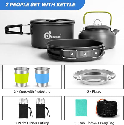 Odoland 15pcs Camping Cookware Mess Kit, 1.9L Pot, for Camping, Backpacking | Anodized aluminum, for hiking, outdoor cooking and picnic, 1.9L pot 0.8L kettle 0.86L pan mess kit, little compact pot set
