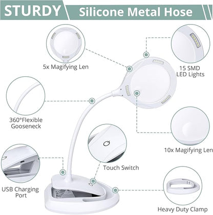 COLFULINE Magnifying Lamp 5X 10X, 2-in-1 Rechargeable Magnifying Glass with Light, LED Magnifying Light with Base & Clamp and Touch Button for Reading, Working, Crafts, 3 Adjustable Brightness