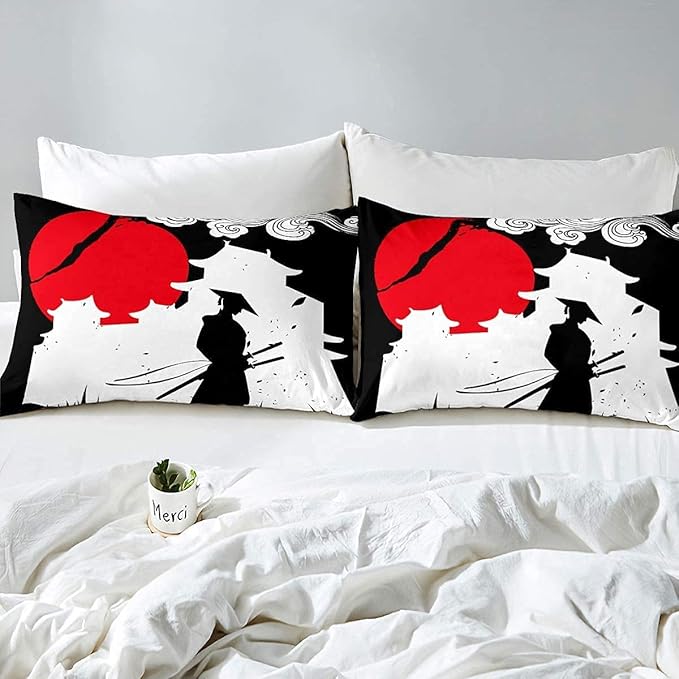 Erosebridal Samurai Comforter Set King Size, Sunset Print Down Comforter, Japan Quilted Duvet, Building Silhouette Breathable Quilt Set, Japanese Ukiyoe Bedding Set, Ultra Lightweight