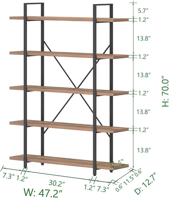 HSH Industrial Wood and Metal 5 Tier Bookshelf, Large Tall Open Rustic Wide Etagere Bookcase, Vintage Farmhouse Modern Wooden Big Book Shelf for Home Living Room Bedroom Office Storage, Rustic Oak