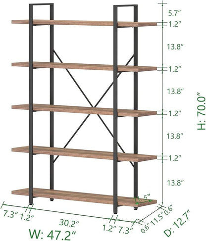 HSH Industrial Wood and Metal 5 Tier Bookshelf, Large Tall Open Rustic Wide Etagere Bookcase, Vintage Farmhouse Modern Wooden Big Book Shelf for Home Living Room Bedroom Office Storage, Rustic Oak