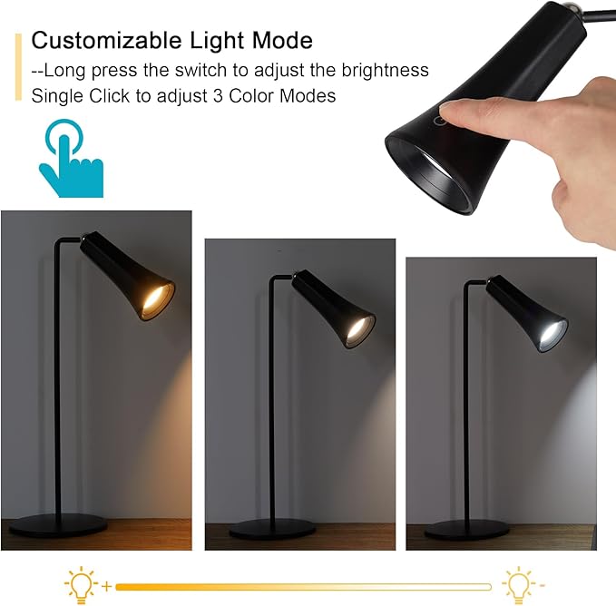 LED Desk Lamp, Cordless Rechargeable Table Lamp with 3 Brightness Levels, Dimmable, Removable Touch Lamp for Reading Bedroom Home Office Study (Black)