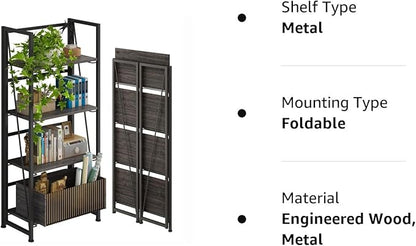 4NM No-Assembly Folding Bookshelf Storage Shelves 4 Tiers Vintage Bookcase Standing Racks Study Organizer Home Office (Gray and Black)