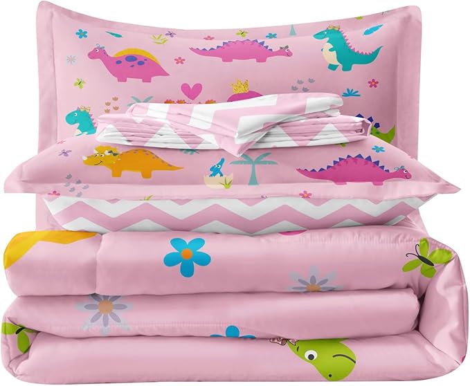 Girls Dinosaur Bedding Full Green Pink Dinosaur Comforter Set, Cute Cartoon Down Comforter for Little Girls Teens Kids Adults Room Decor, Reversible Bed-in-a-Bag 5-Piece Bed Sets