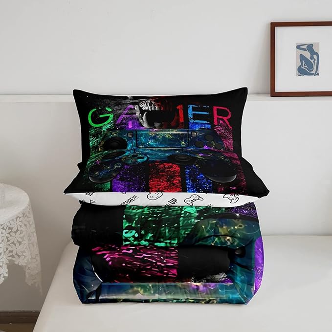 Gamer Bedding Sets for Boys, Gaming Down Comforter Full Size, Gamer Room Decor Bedding Kids Video Games Comforter Set, Sugar Skull Gamepad Bed Duvet Sets for Men Bedroom,with 2 Marble Pillow Sham