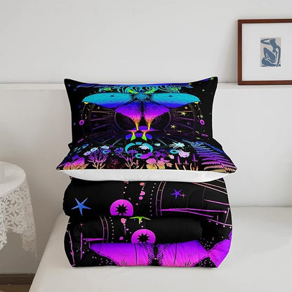 Erosebridal Moth Comforter Set Hippie Psychedelic Sun and Moon Bedding Set Full,Purple Blue Ombre Galaxy Floral Botanical Comforter for Girls Teens Women Stars Planet Quilt Duvet 2 Pillowcases